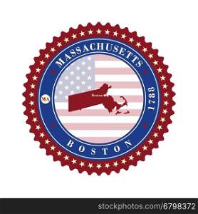 Label sticker cards of State Massachusetts USA. Stylized badge with the name of the State, year of creation, the contour maps and the names abbreviations.