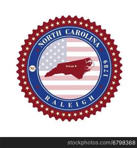 Label sticker cards of State North Carolina USA. Stylized badge with the name of the State, year of creation, the contour maps and the names abbreviations.