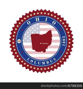 Label sticker cards of State Ohio USA. Stylized badge with the name of the State, year of creation, the contour maps and the names abbreviations.
