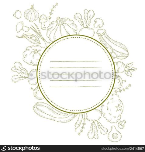 Label sticker with round frame made of linear hand drawn vegetables and root crops. Mushrooms, pumpkin, peas and zucchini, beets and pattison. Vector illustration in vintage style for design and decor