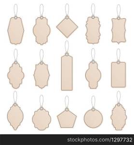 Label template. Vintage paper tag labels, craft price tags, shop craft label templates, promotion production templates vector isolated icon set. Illustration hang tag for price realistic with rope. Label template. Vintage paper tag labels, craft price tags, shop craft label templates, promotion production templates vector isolated icon set