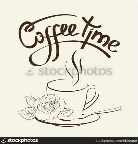 Label with a cup of coffee and rose. Vector illustration.
