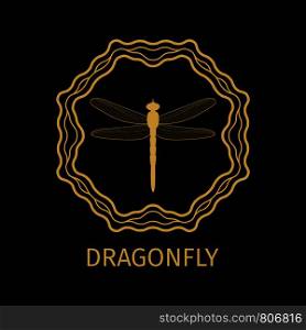 Label with dragonfly in calligraphy framework on dark background. Vector illustration. Dragonfly in calligraphy framework label