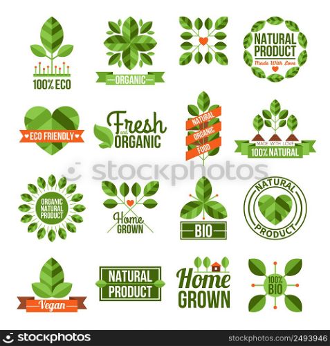Labels and emblems flat set of organic and natural products isolated vector illustration. Organic And Natural Labels Set