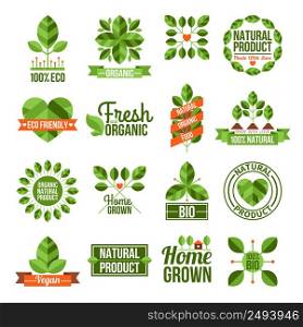 Labels and emblems flat set of organic and natural products isolated vector illustration. Organic And Natural Labels Set