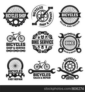 Labels and sport logos set with parts of bicycle. Vector sport bicycle, logo and badge repair bike illustration. Labels and sport logos set with parts of bicycle