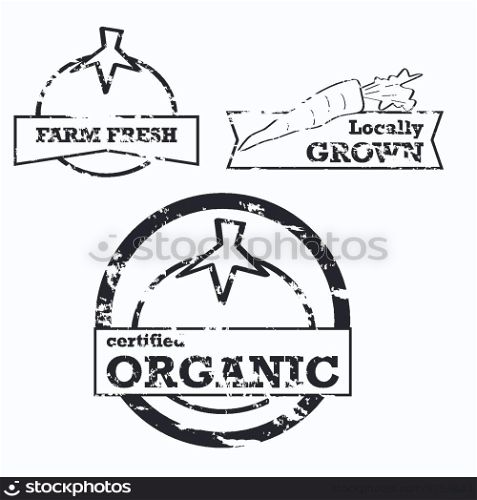 Labels and stamps showing fresh produce with positive messaging