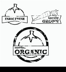 Labels and stamps showing fresh produce with positive messaging
