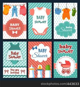 Labels or cards for baby shower package. Vector funny illustrations for kids. Card baby shower invitation, vintage retro cartoon poster collection. Labels or cards for baby shower package. Vector funny illustrations for kids