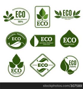 Labels or eco logo set with plants and green leafs. Vector icons isolate on white background. Leaf eco label, illustration of natural eco organic symbol sticker. Labels or eco logo set with plants and green leafs. Vector icons isolate on white background