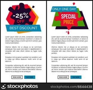 Labels set -25% best discount, only one day special price web pages collection with text sample, headline and buttons on vector illustration. Labels Set -25 Best Ddiscoun One Day Special Pprice