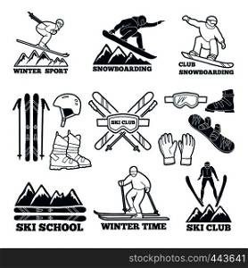 Labels set for club of skier. Silhouette of ski sportsmen. Symbols of winter sport for logos design. Ski sport club badge, stick and snowboard illustration. Labels set for club of skier. Silhouette of ski sportsmen. Symbols of winter sport for logos design
