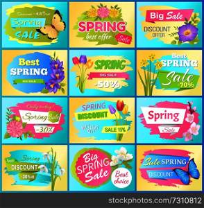 Labels set super offer spring big sale adverts snowdrops, anemone buds, branch of sakura and daisy flowers vector. Promo stickers springtime blossoms. Labels Set Super Offer Spring Sale Adverts Flowers