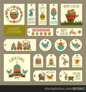 Labels, tags with illustrations of easter theme with rabbits, plants and colored eggs. Easter rabbit, spring holiday sticker with flower and animal vector. Labels, tags with illustrations of easter theme with rabbits, plants and colored eggs