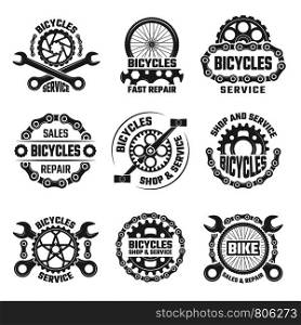 Labels template design with gears, chains and other parts of bicycle. Vector bicycle gear emblem illustration. Labels template design with gears, chains and other parts of bicycle