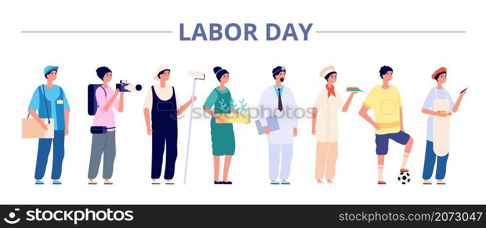 Labor day. International industrial workers group, people professional careers. Different girls boys on job banner, may holiday vector flyer. Illustration labor day, different occupation. Labor day. International industrial workers group, people professional careers. Different girls boys on job banner, may holiday vector flyer