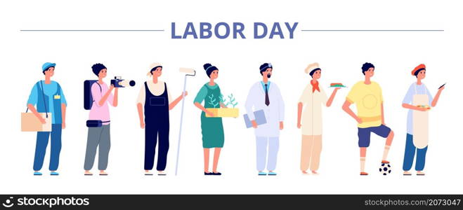 Labor day. International industrial workers group, people professional careers. Different girls boys on job banner, may holiday vector flyer. Illustration labor day, different occupation. Labor day. International industrial workers group, people professional careers. Different girls boys on job banner, may holiday vector flyer