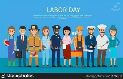 Labor Day Worker Isolated on Blue Cartoon Drawing. Labor day vector poster of policeman and lifesaver, sailor and cook, stewardess and doctor, manager with briefcase,, grower with plant near waiter