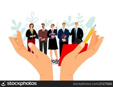 Labor protection. Trade union and employee protect concept. Office people group in abstract hands vector concept. Labor protection concept
