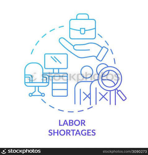 Labor shortages blue gradient concept icon. Lack of qualified workforces. Macro economy trends abstract idea thin line illustration. Isolated outline drawing. Myriad Pro-Bold font used. Labor shortages blue gradient concept icon