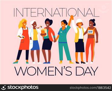 Labor women day poster. International female holiday. People of different professions. Cartoon group of friends hold hands. Girls power. Happy cute persons in professional work uniform. Vector concept. Labor women day poster. International female holiday. People of different professions. Cartoon group of friends hold hands. Girls power. Happy persons in work uniform. Vector concept