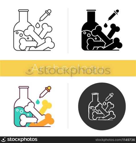 Laboratory analysis icon. Archeological discoveries. Ancient human and animal bones. Chemistry study of fossil. Paleontology. Flat design, linear and color styles. Isolated vector illustrations