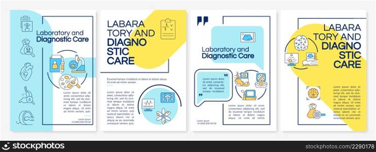 Laboratory and diagnostic care blue and yellow brochure template. Leaflet design with linear icons. 4 vector layouts for presentation, annual reports. Questrial, Lato-Regular fonts used. Laboratory and diagnostic care blue and yellow brochure template