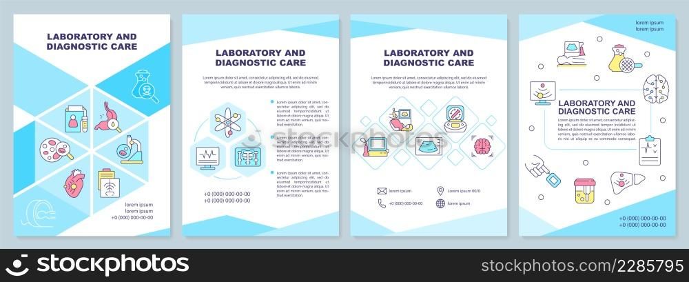 Laboratory and diagnostic care blue brochure template. Medical service. Leaflet design with linear icons. 4 vector layouts for presentation, annual reports. Arial-Black, Myriad Pro-Regular fonts used. Laboratory and diagnostic care blue brochure template
