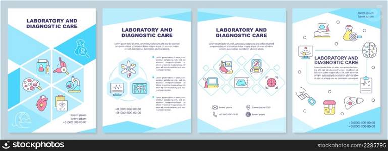 Laboratory and diagnostic care blue brochure template. Medical service. Leaflet design with linear icons. 4 vector layouts for presentation, annual reports. Arial-Black, Myriad Pro-Regular fonts used. Laboratory and diagnostic care blue brochure template
