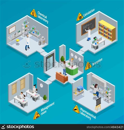 Laboratory And Research Concept Illustration . Laboratory and research concept with chemical and pharmaceutical laboratories isometric vector illustration