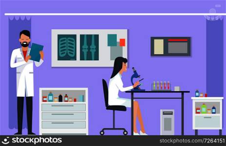 Laboratory and researches, carried out by laboratory assistant and controlled by scientist, x-ray and microscope on vector illustration. Laboratory and Researches on Vector Illustration