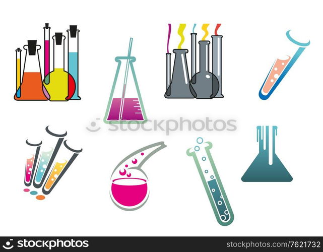 Laboratory and test tubes set isolated on white background for chemistry and pharmacy design