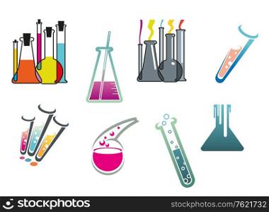 Laboratory and test tubes set isolated on white background for chemistry and pharmacy design