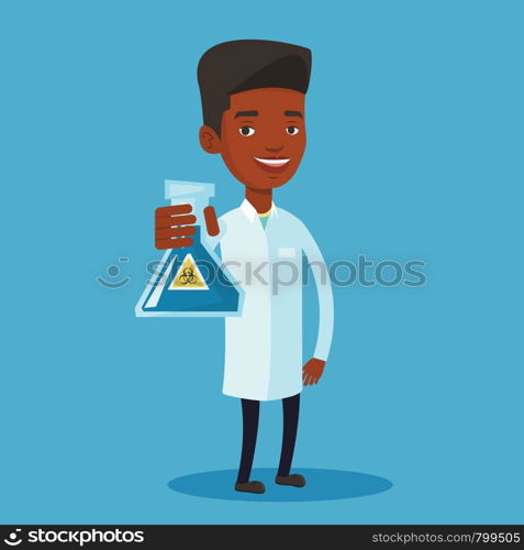 Laboratory assistant holding a flask with biohazard sign. An african-american laboratory assistant in medical gown showing a flask with biohazard sign. Vector flat design illustration. Square layout.. Scientist holding flask with biohazard sign.