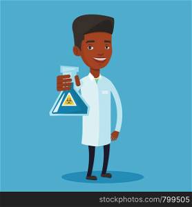 Laboratory assistant holding a flask with biohazard sign. An african-american laboratory assistant in medical gown showing a flask with biohazard sign. Vector flat design illustration. Square layout.. Scientist holding flask with biohazard sign.