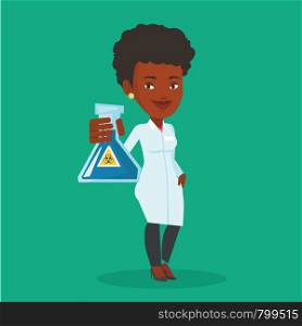 Laboratory assistant holding a flask with biohazard sign. An african-american laboratory assistant in medical gown showing a flask with biohazard sign. Vector flat design illustration. Square layout.. Scientist holding flask with biohazard sign.