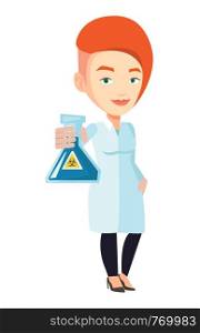 Laboratory assistant holding flask with biohazard sign. Caucasian laboratory assistant in medical gown showing flask with biohazard sign. Vector flat design illustration isolated on white background.. Scientist holding flask with biohazard sign.