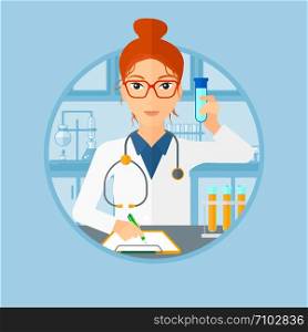 Laboratory assistant making medical test and taking some notes. Young laboratory assistant working with a test tube at the lab. Vector flat design illustration in the circle isolated on background.. Laboratory assistant working.