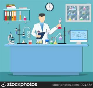 Laboratory assistant with test tube. Medical Laboratory. Research, testing, studies in chemistry, physics, biology. laboratory equipment. Vector illustration in flat style. Laboratory assistant with test tube