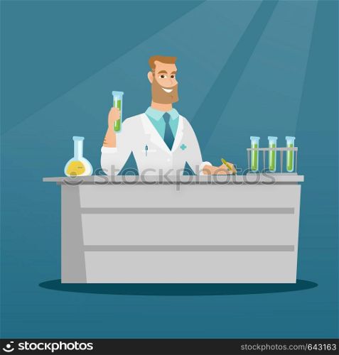Laboratory assistant working with a test tube and taking some notes. Laboratory assistant analyzing liquid in a test tube. Scientist holding a test tube. Vector flat design illustration. Square layout. Laboratory assistant at work vector illustration.