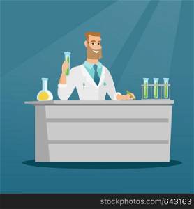 Laboratory assistant working with a test tube and taking some notes. Laboratory assistant analyzing liquid in a test tube. Scientist holding a test tube. Vector flat design illustration. Square layout. Laboratory assistant at work vector illustration.