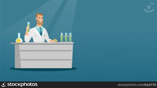 Laboratory assistant working with a test tube and taking some notes. Young scientist analyzing liquid in a test tube. Scientist holding a test tube. Vector flat design illustration. Horizontal layout.. Laboratory assistant at work vector illustration.