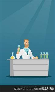 Laboratory assistant working with a test tube and taking some notes. Hipster scientist analyzing liquid in a test tube. Scientist holding a test tube. Vector flat design illustration. Vertical layout.. Laboratory assistant at work vector illustration.
