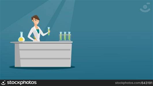 Laboratory assistant working with a test tube and taking some notes. Young scientist analyzing liquid in a test tube. Scientist holding a test tube. Vector flat design illustration. Horizontal layout.. Laboratory assistant at work vector illustration.