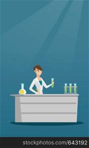 Laboratory assistant working with a test tube and taking some notes. Young scientist analyzing liquid in a test tube. Scientist holding a test tube. Vector flat design illustration. Vertical layout.. Laboratory assistant at work vector illustration.