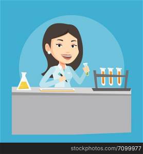 Laboratory assistant working with a test tube and taking some notes. Laboratory assistant analyzing liquid in test tube. Scientist holding a test tube. Vector flat design illustration. Square layout.. Laboratory assistant working vector illustration.