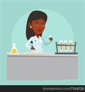 Laboratory assistant working with a test tube and taking some notes. Laboratory assistant analyzing liquid in test tube. Scientist holding a test tube. Vector flat design illustration. Square layout.. Laboratory assistant working vector illustration.