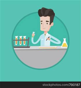 Laboratory assistant working with a test tube and taking some notes. Caucasian laboratory assistant analyzing liquid in test tube. Vector flat design illustration in the circle isolated on background.. Laboratory assistant working with test tubes.