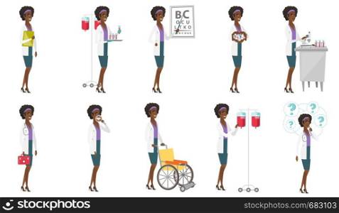 Laboratory assistant working with a test tube. Laboratory assistant analyzing blood in test tube. Scientist holding a test tube. Set of vector flat design illustrations isolated on white background.. Vector set of doctor characters.