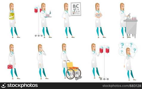 Laboratory assistant working with a test tube. Laboratory assistant analyzing blood in test tube. Scientist holding a test tube. Set of vector flat design illustrations isolated on white background.. Vector set of doctor characters.